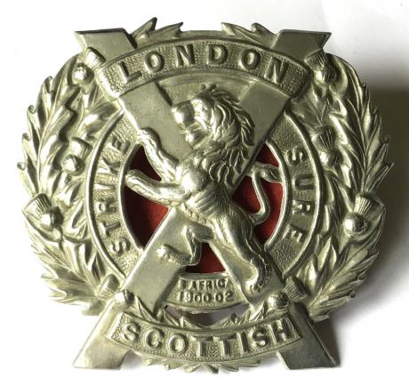 LONDON SCOTTISH CAP BADGE WITH RED FELT BACKING