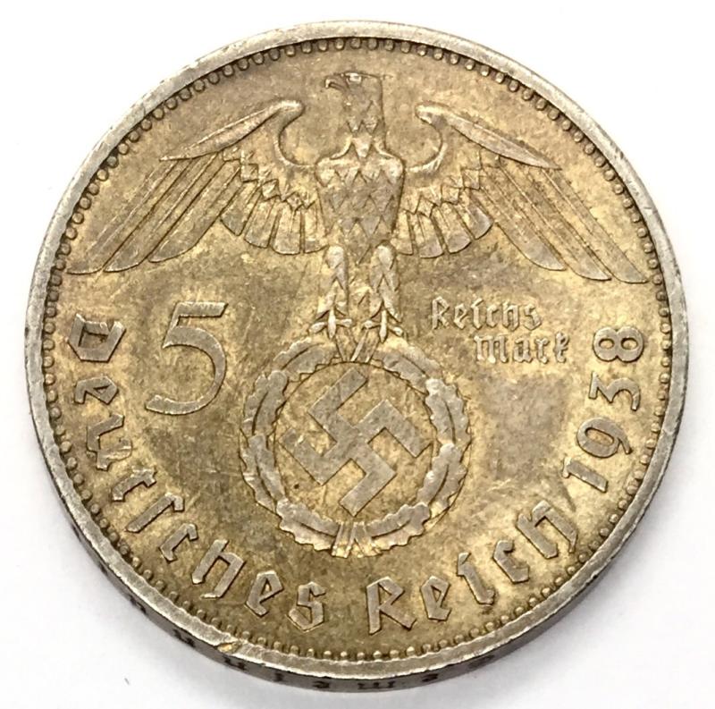 GERMAN 3RD REICH 1938 DTD. 5 MARK SILVER COIN