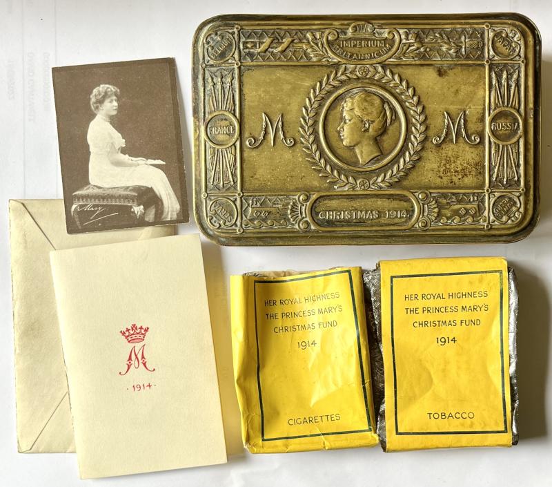 WW1 PRINCESS MARY GIFT TIN WITH CONTENTS - CIGARETTES & TOBACCO PACKETS XMAS CARD & PHOTO