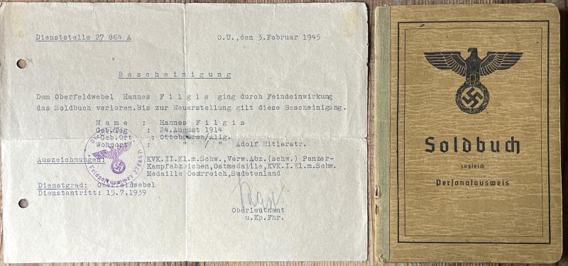 WW2 GERMAN 1945 SOLDBUCH & ENTITLEMENT PAPER