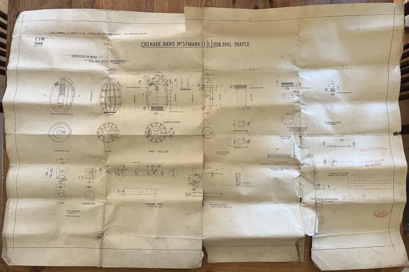 WW1 MILLS GRENADE - ENGINEER OF MUNITIONS ORIGINAL BLUE PRINT - FOUNDRY TECHNICAL DRAWING