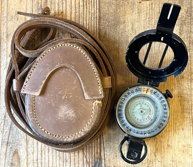 WW2 - 1943 DTD. BRITISH BRASS PRISMATIC COMPASS WITH 1944 DATED LEATHER CASE