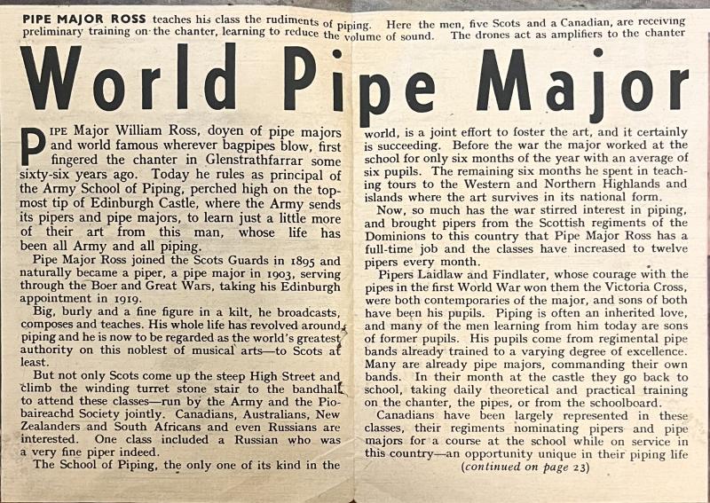WW2 -1944 DTD. ARTICLE - WILLIE ROSS @ ARMY SCHOOL OF PIPING - NEWSPAPER ARTICLE