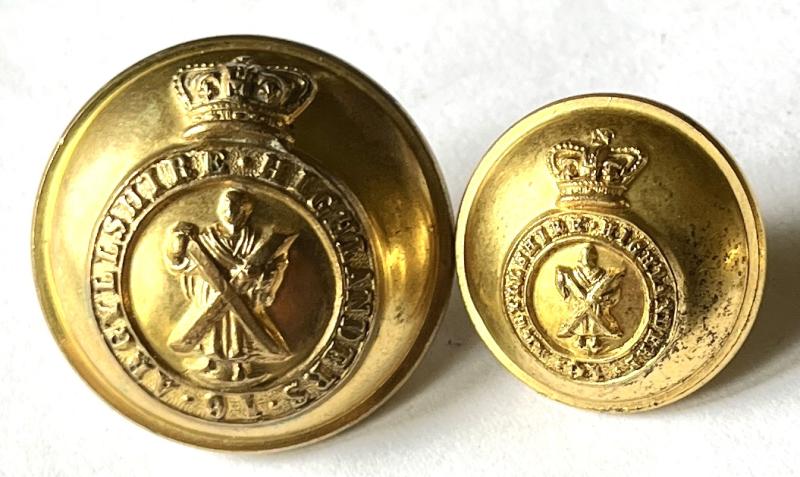 VICTORIAN  - 91ST  ARGYLLSHIRE HIGHLANDERS 16 - ( A & S.H. )  OFFICERS GILT BUTTONS X 2 - 1863 - 1881