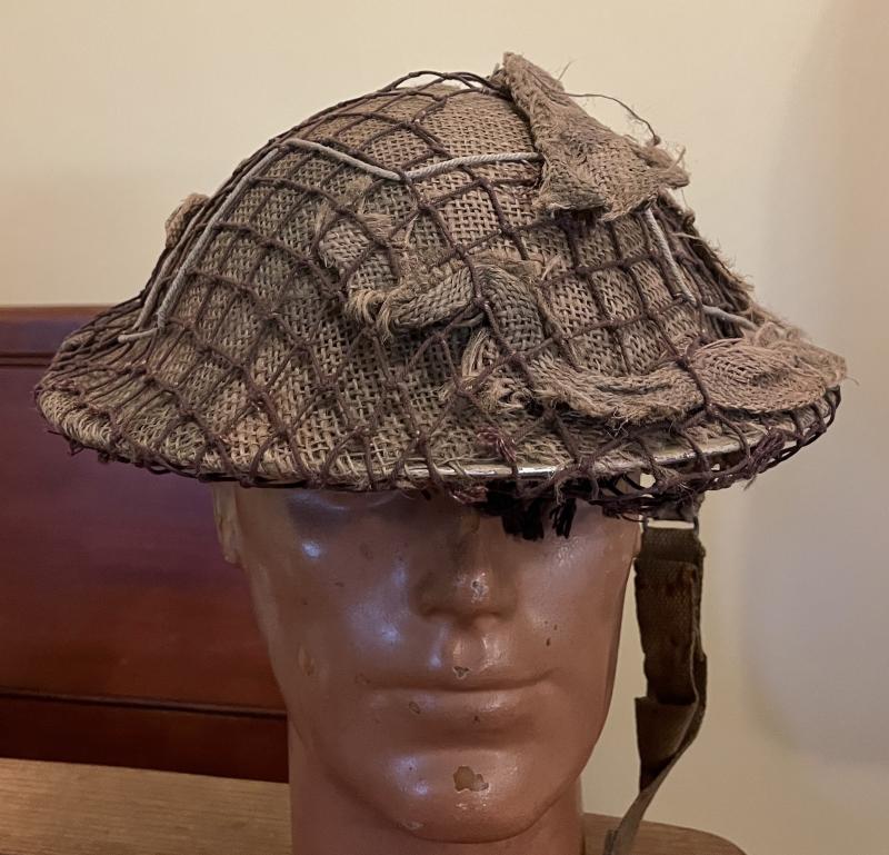 WW2 NORTH AFRICA / ITALY TOMMY HELMET C/W SACKING COVER & NET - S.A.