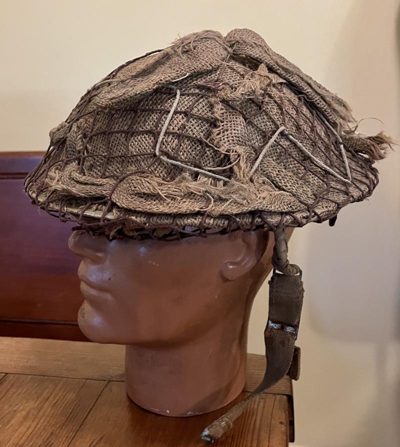 WW2 NORTH AFRICA / ITALY TOMMY HELMET C/W SACKING COVER & NET - S.A.